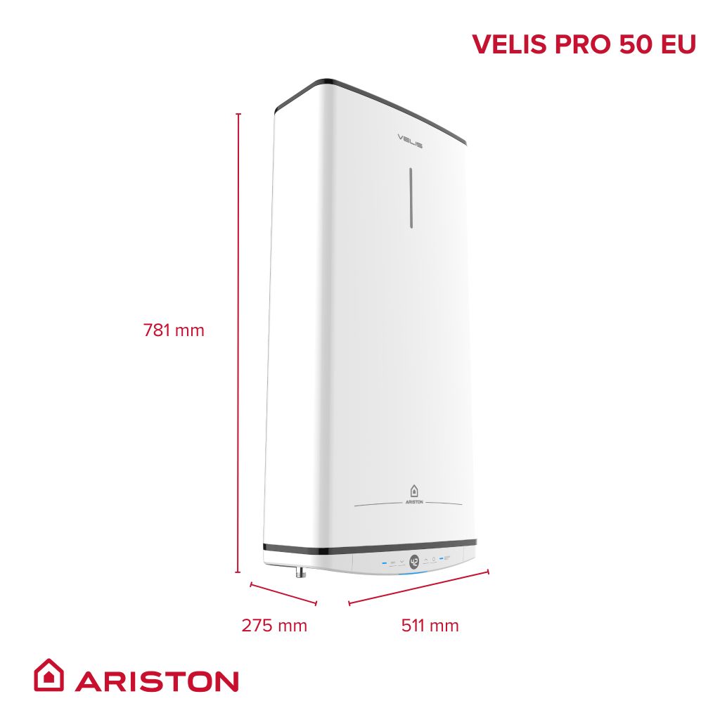 Lapos villanybojler modern fürdőszobában – Ariston Velis pro 50 falra szerelve, helytakarékos kialakítással.